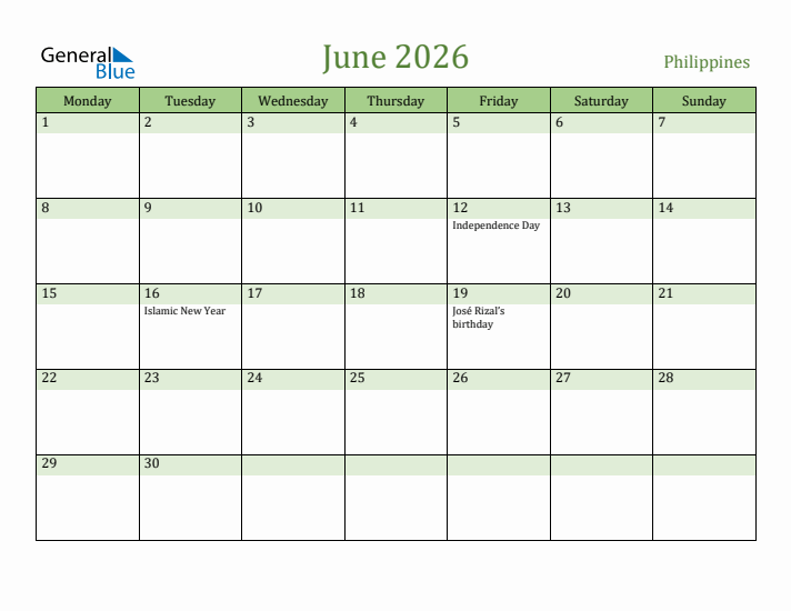 June 2026 Calendar with Philippines Holidays