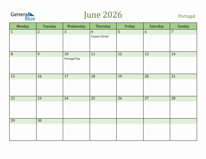 June 2026 Calendar with Portugal Holidays