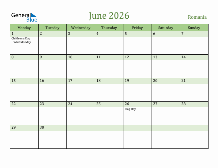 June 2026 Calendar with Romania Holidays