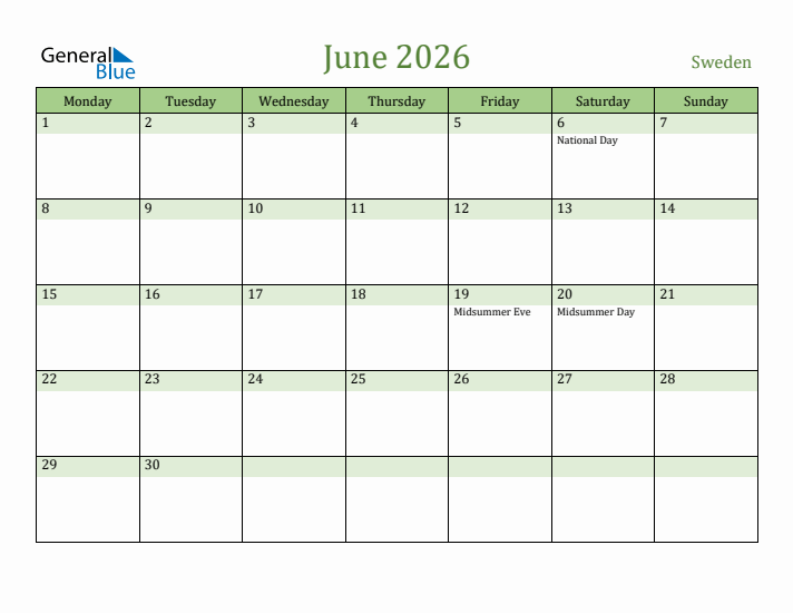 June 2026 Calendar with Sweden Holidays