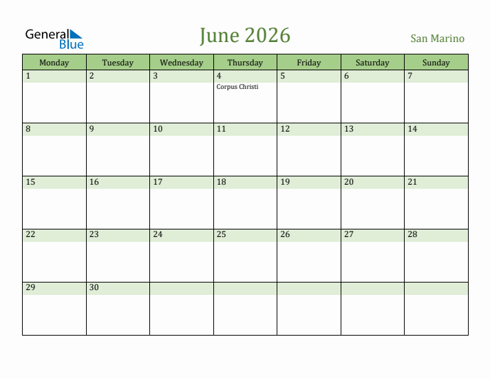 June 2026 Calendar with San Marino Holidays