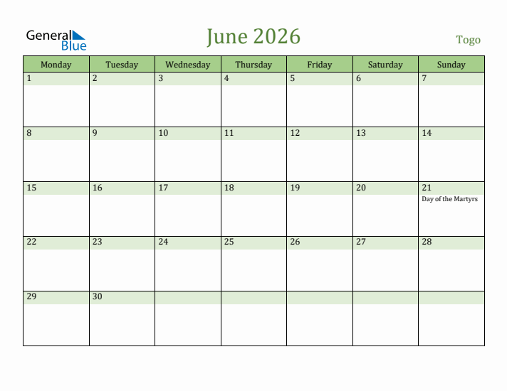June 2026 Calendar with Togo Holidays