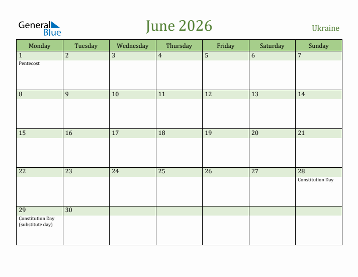 June 2026 Calendar with Ukraine Holidays