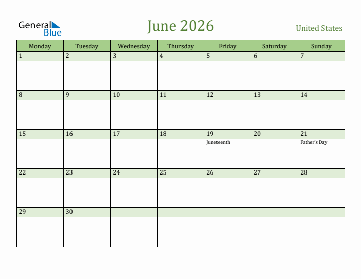 June 2026 Calendar with United States Holidays