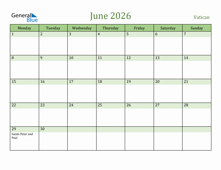 June 2026 Calendar with Vatican Holidays