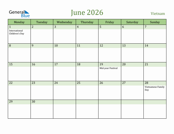 June 2026 Calendar with Vietnam Holidays