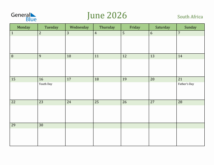 June 2026 Calendar with South Africa Holidays