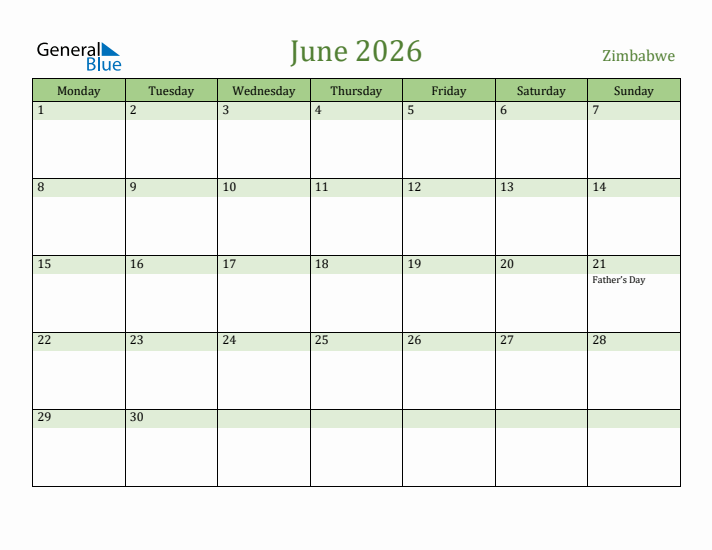 June 2026 Calendar with Zimbabwe Holidays