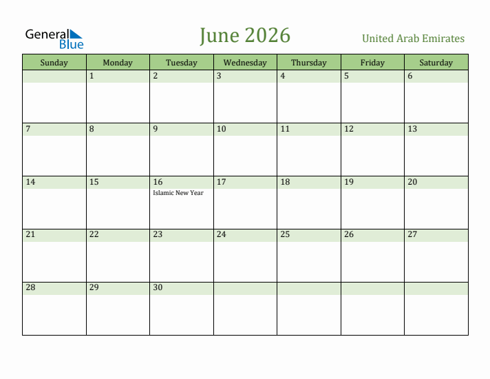 June 2026 Calendar with United Arab Emirates Holidays