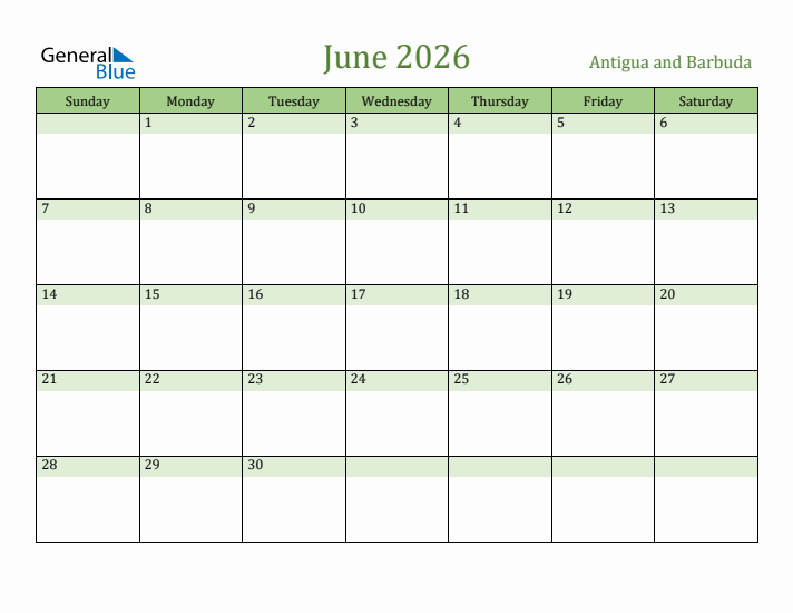 June 2026 Calendar with Antigua and Barbuda Holidays