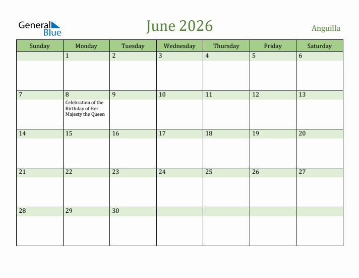 June 2026 Calendar with Anguilla Holidays
