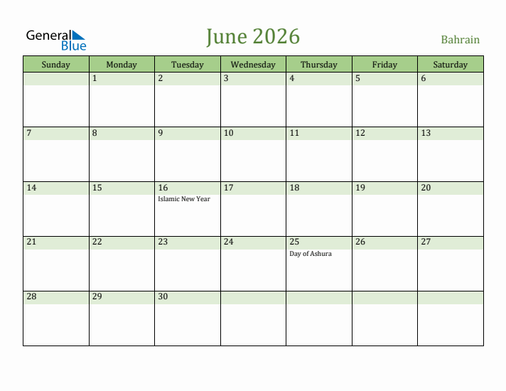 June 2026 Calendar with Bahrain Holidays