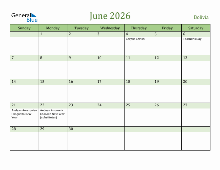 June 2026 Calendar with Bolivia Holidays