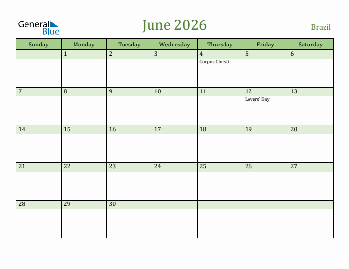 June 2026 Calendar with Brazil Holidays