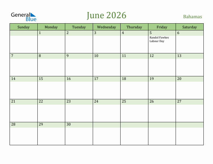 June 2026 Calendar with Bahamas Holidays