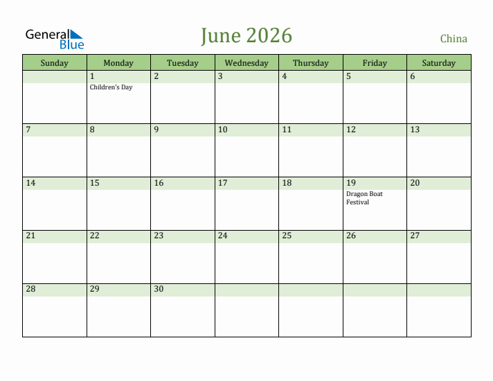 June 2026 Calendar with China Holidays