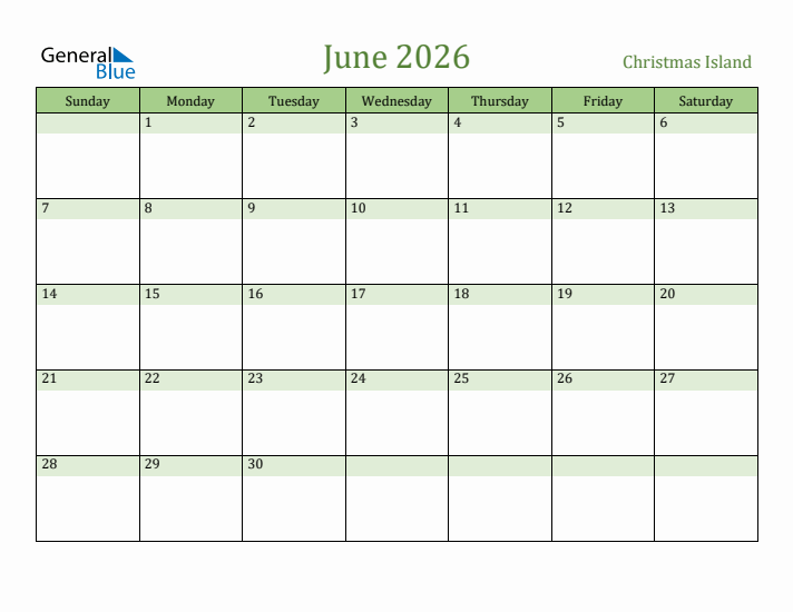 June 2026 Calendar with Christmas Island Holidays