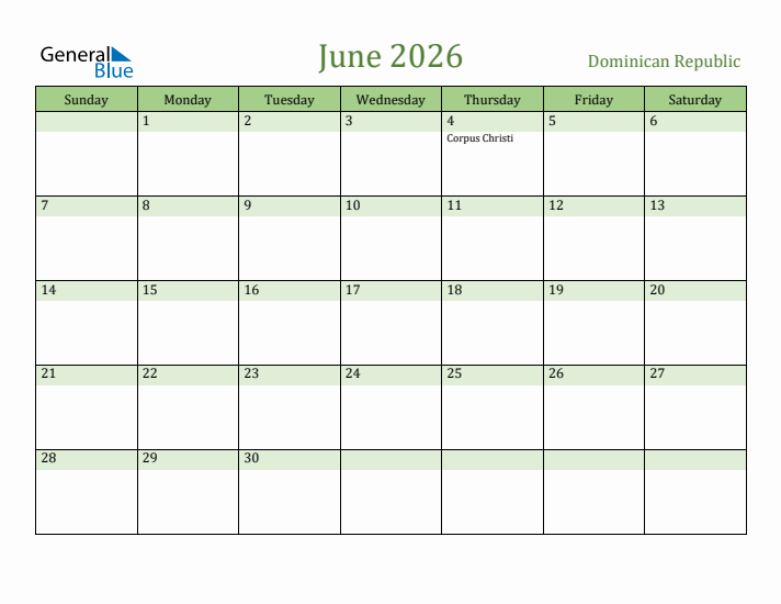 June 2026 Calendar with Dominican Republic Holidays