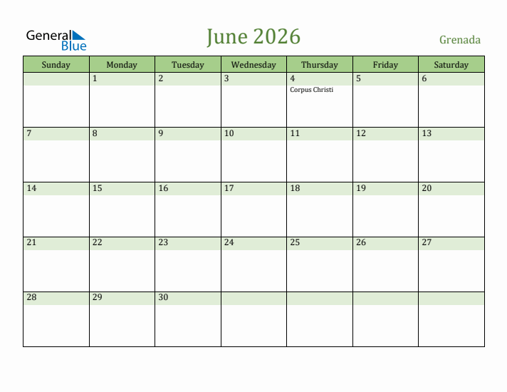 June 2026 Calendar with Grenada Holidays