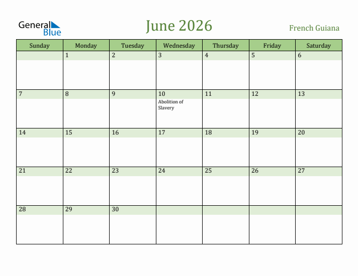 June 2026 Calendar with French Guiana Holidays