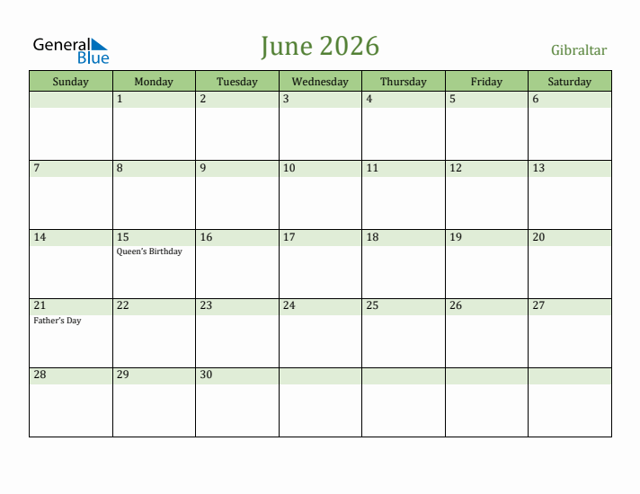 June 2026 Calendar with Gibraltar Holidays