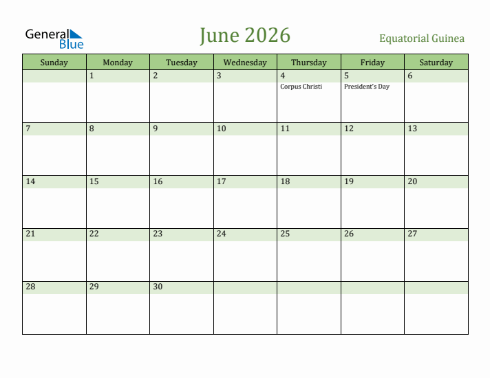 June 2026 Calendar with Equatorial Guinea Holidays