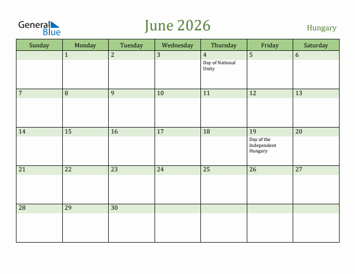 June 2026 Calendar with Hungary Holidays