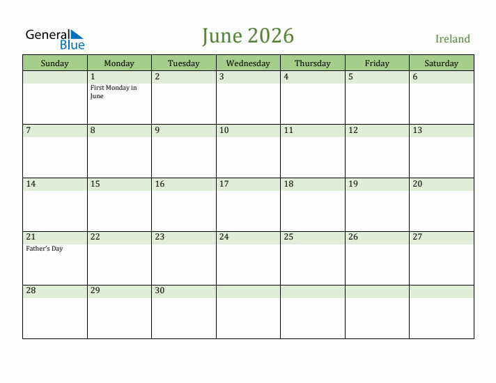 June 2026 Calendar with Ireland Holidays