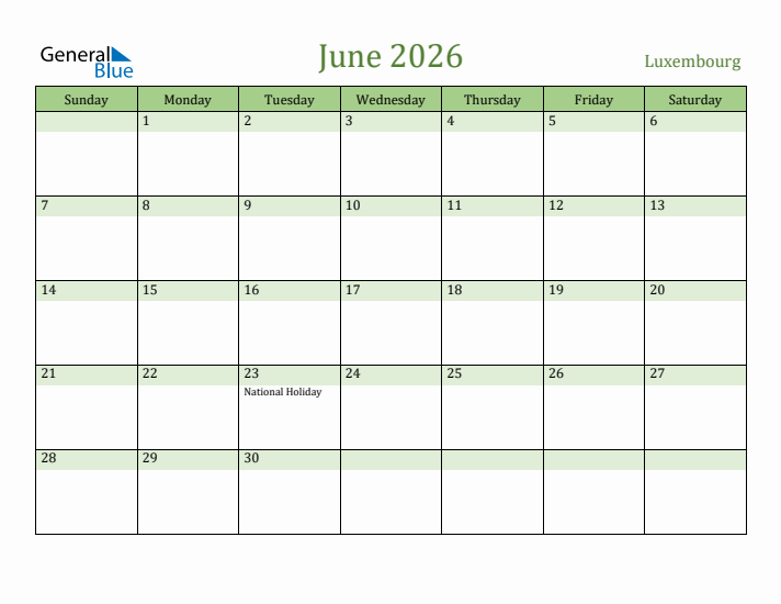 June 2026 Calendar with Luxembourg Holidays