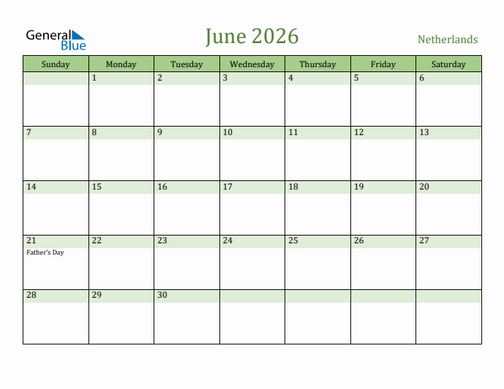 June 2026 Calendar with The Netherlands Holidays