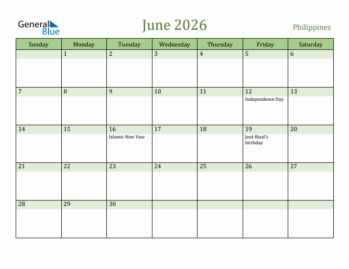 June 2026 Calendar with Philippines Holidays