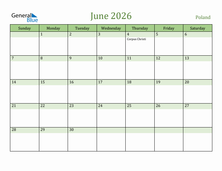June 2026 Calendar with Poland Holidays