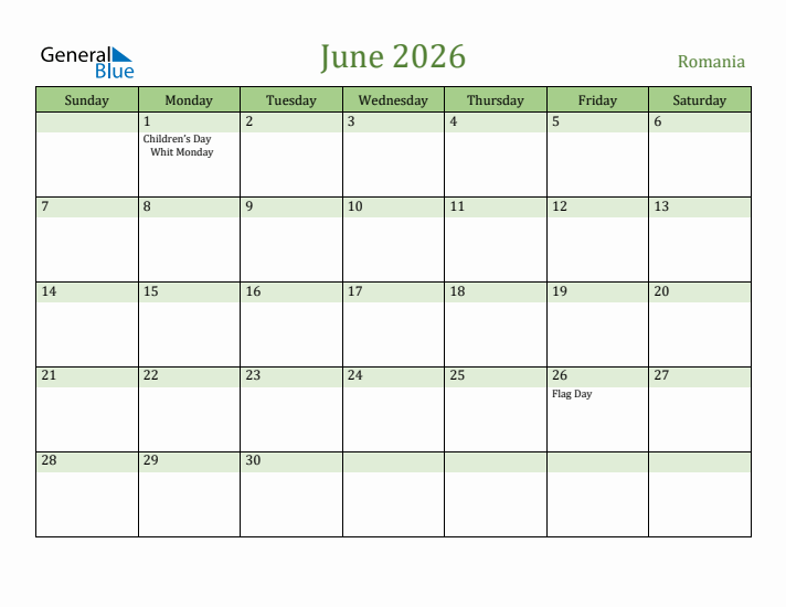 June 2026 Calendar with Romania Holidays
