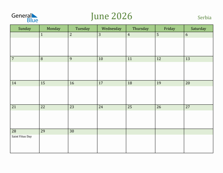 June 2026 Calendar with Serbia Holidays