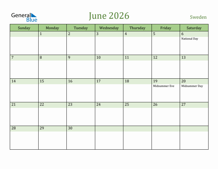 June 2026 Calendar with Sweden Holidays