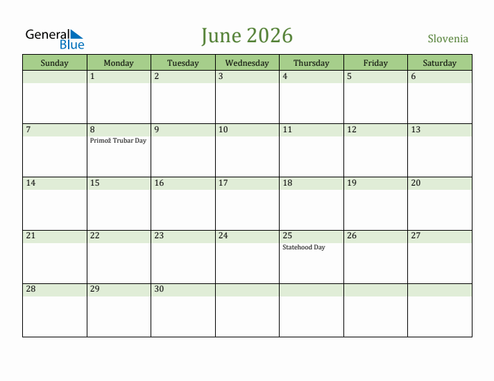 June 2026 Calendar with Slovenia Holidays