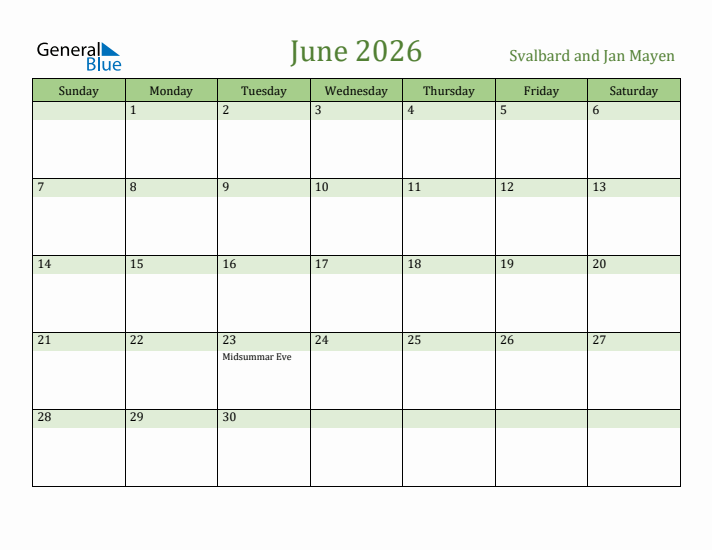 June 2026 Calendar with Svalbard and Jan Mayen Holidays