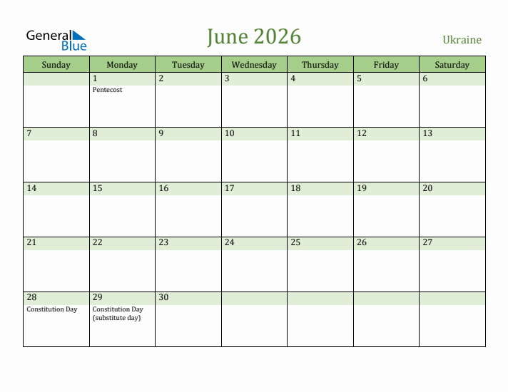 June 2026 Calendar with Ukraine Holidays