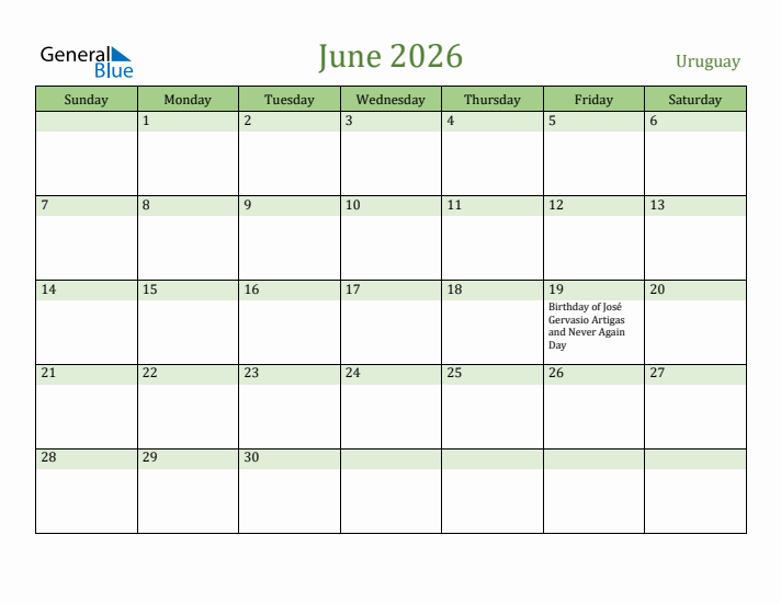 June 2026 Calendar with Uruguay Holidays
