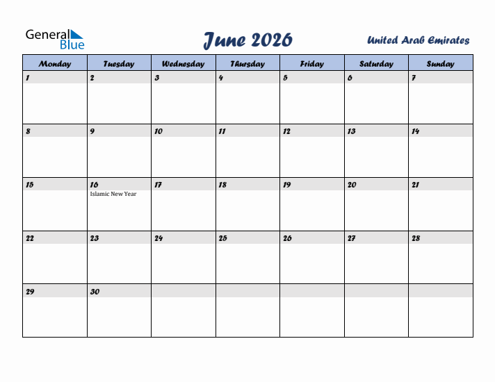 June 2026 Calendar with Holidays in United Arab Emirates