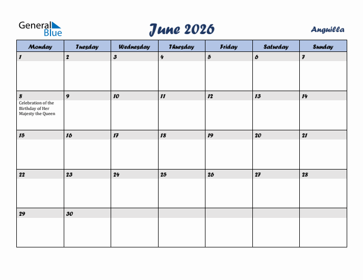 June 2026 Calendar with Holidays in Anguilla