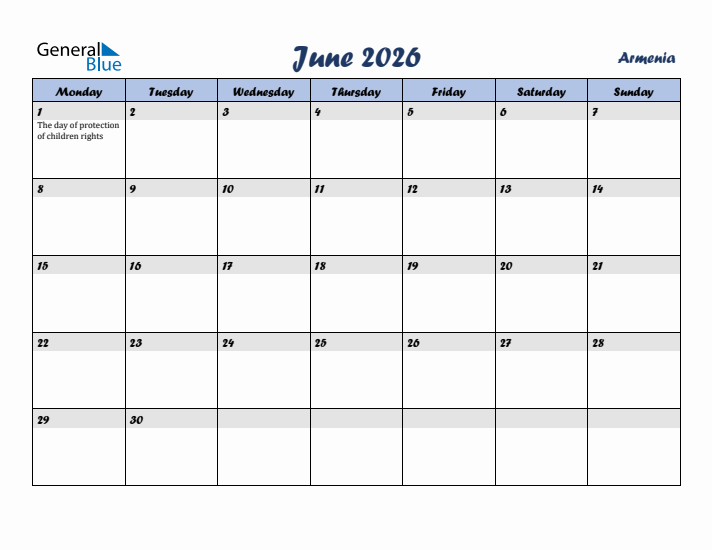 June 2026 Calendar with Holidays in Armenia