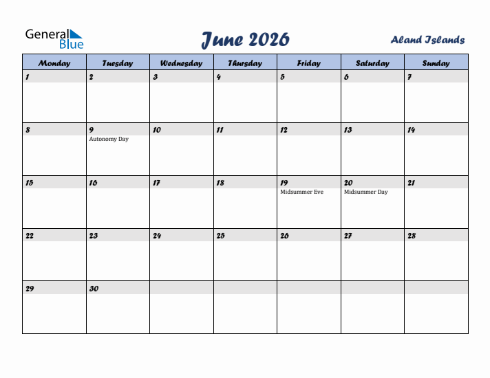 June 2026 Calendar with Holidays in Aland Islands