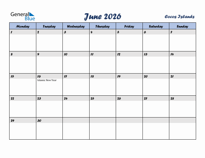 June 2026 Calendar with Holidays in Cocos Islands