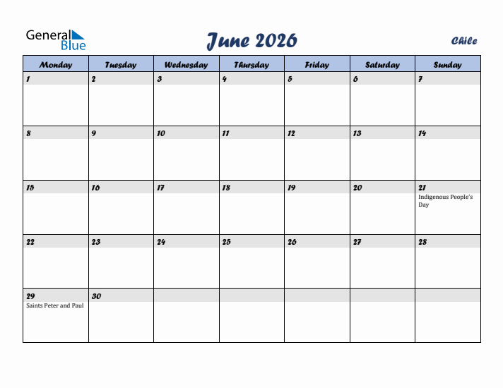 June 2026 Calendar with Holidays in Chile