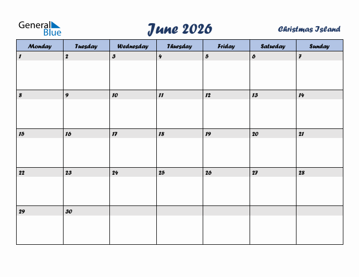 June 2026 Calendar with Holidays in Christmas Island