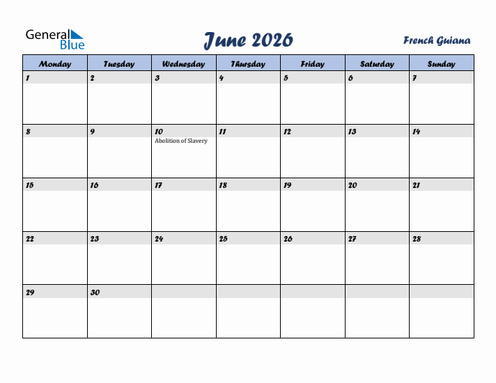 June 2026 Calendar with Holidays in French Guiana