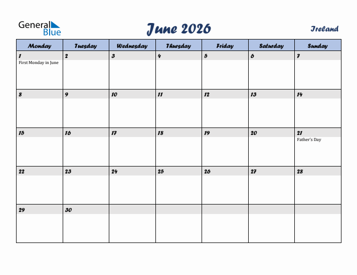 June 2026 Calendar with Holidays in Ireland