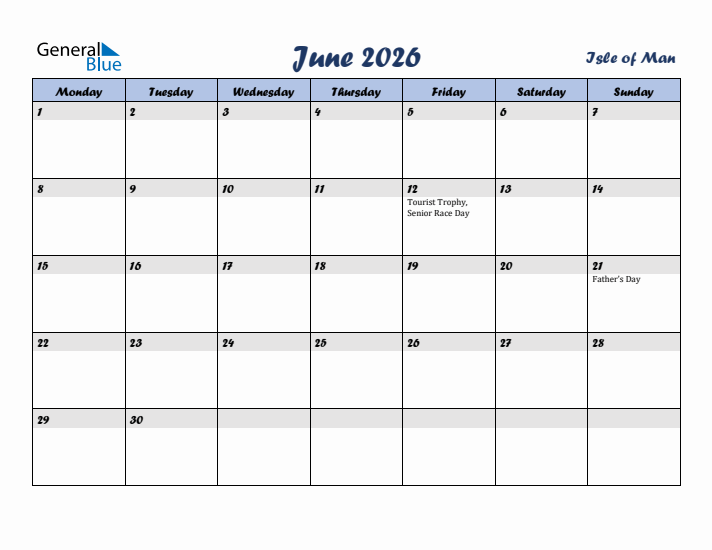 June 2026 Calendar with Holidays in Isle of Man