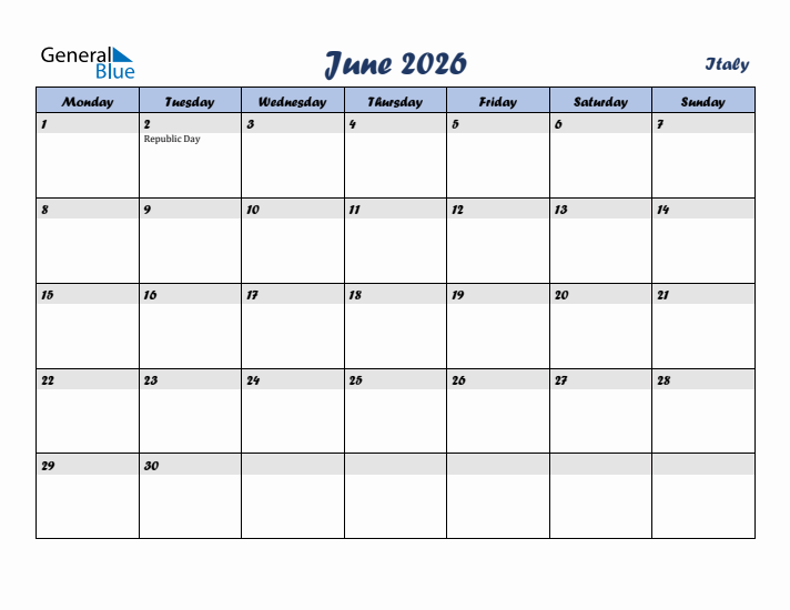 June 2026 Calendar with Holidays in Italy